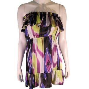 2B Bebe Graphic Neon Ruffle Strapless Mini Dress XS Y2K Bright Party Cute Fun